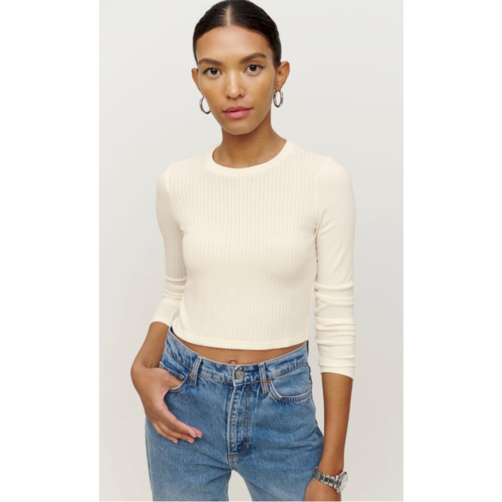 Reformation White Ribbed Long Sleeve Tee